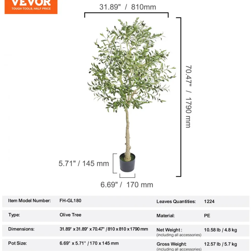 VEVOR Artificial Olive Tree, 6 FT Tall Faux Plant, Secure PE Material & Anti-Tip Tilt Protection Low-Maintenance Plant, Lifelike Green Fake Potted Tree for Home Office Warehouse Decor Indoor Outdoor