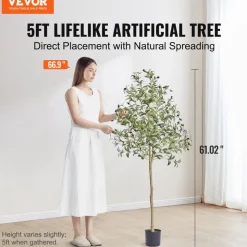 VEVOR Artificial Olive Tree, 5 FT Tall Faux Plant, Secure PE Material & Anti-Tip Tilt Protection Low-Maintenance Plant, Lifelike Green Fake Potted Tree for Home Office Warehouse Decor Indoor Outdoor