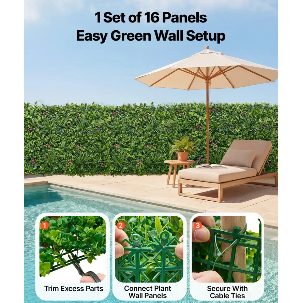 VEVOR Artificial Plant Wall, 16PCS 20 x 20 in Artificial Boxwood Panels, Greenery Backdrop Privacy Hedge Fence with Sun Protection, Fake Grass Wall Screen for Wedding, Indoor, Outdoor Garden, Backyard