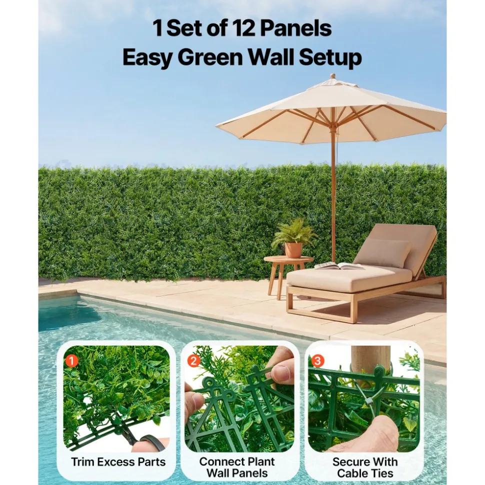 VEVOR Artificial Plant Wall, 12PCS 20 x 20 in Artificial Boxwood Panels, Sun Protection Greenery Backdrop Privacy Hedge Fence, Fake Grass Screen for Wedding, Indoor, Outdoor Garden, Backyard