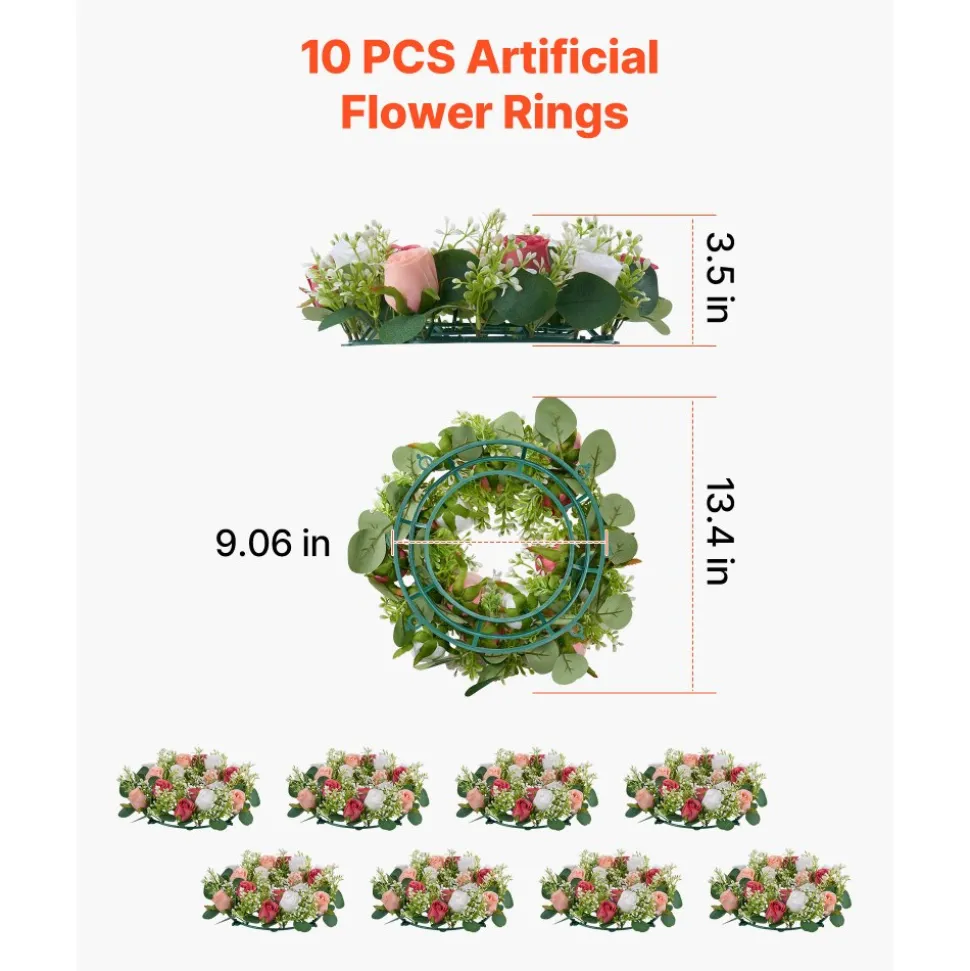 VEVOR Artificial Rose Wreath, 14-Inch Diameter Faux Flower Wreath with Pink and White Roses, Flower Arrangement Centerpiece for Valentine's, Mother's Day, Party, Wedding and Home Table Décor, 10 PCS