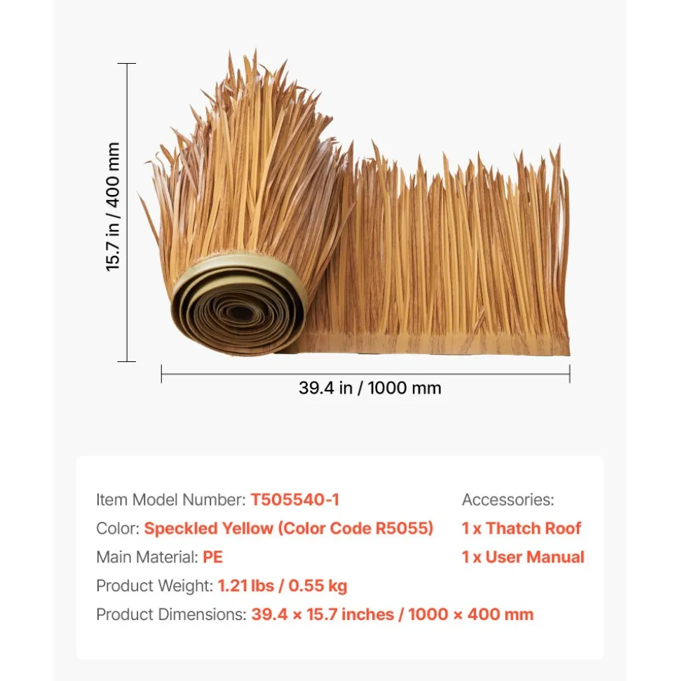 VEVOR Artificial Thatch Grass Roof, 1.3 x3.2 ft Mexican Style Tiki Bar Hut Skirt Thatch Roofing Roll, Waterproof & Fire-Resistant, Palapa Duck Blind Grass for Patio Pool Beach Hawaiian Party Décor