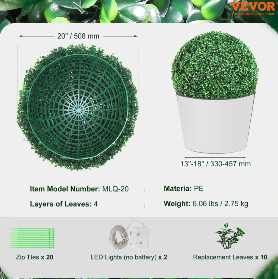 VEVOR Artificial Topiaries Boxwood Trees, 20” Tall (2 Pieces), Ball-Shape Faux Topiaries Plant, All-year Green Feaux Plant Decorative Balls for Backyard, Balcony,Garden, Wedding and Home Décor