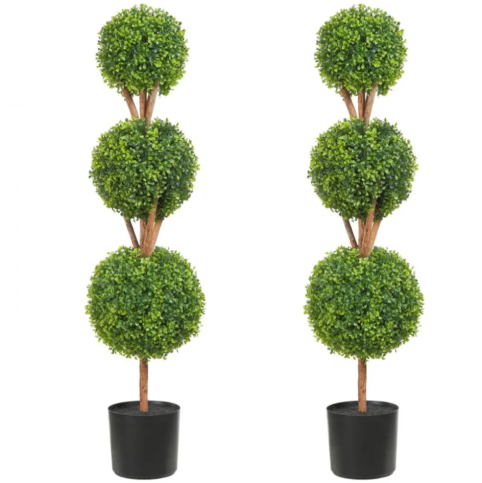 VEVOR Artificial Topiaries Boxwood Trees, 48 inch Tall (2 Pieces), 3 Ball-Shape Faux Topiaries Plant with Planters, Green Feaux Plant w/ Replaceable Leaves & Port for Decorative Indoor/Outdoor/Garden