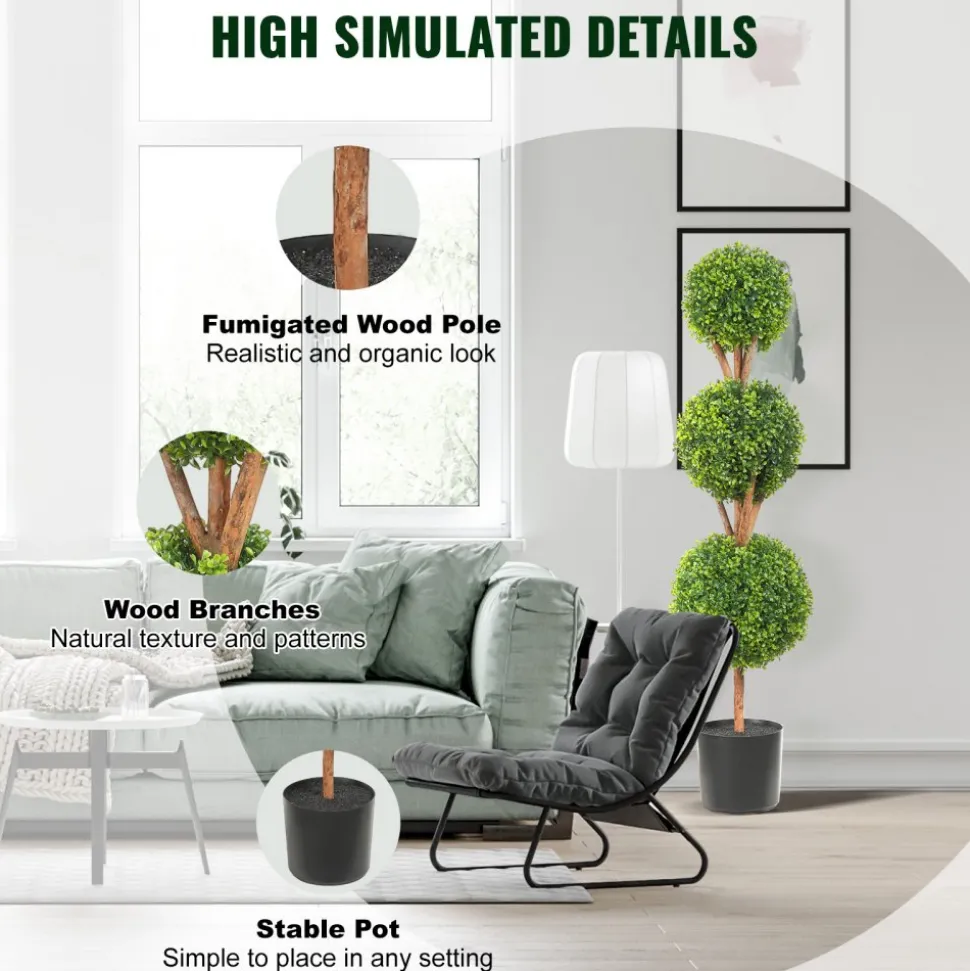 VEVOR Artificial Topiaries Boxwood Trees, 48 inch Tall (2 Pieces), 3 Ball-Shape Faux Topiaries Plant with Planters, Green Feaux Plant w/ Replaceable Leaves & Port for Decorative Indoor/Outdoor/Garden