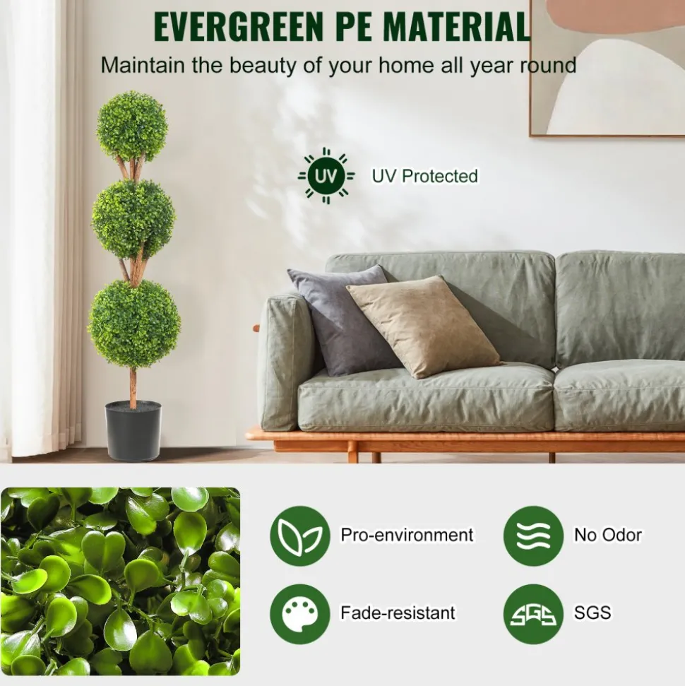 VEVOR Artificial Topiaries Boxwood Trees, 48 inch Tall (2 Pieces), 3 Ball-Shape Faux Topiaries Plant with Planters, Green Feaux Plant w/ Replaceable Leaves & Port for Decorative Indoor/Outdoor/Garden