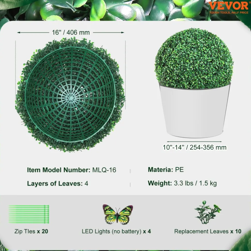 VEVOR Artificial Topiaries Boxwood Trees, 16” Tall (2 Pieces), Ball-Shape Faux Topiaries Plant, All-year Green Feaux Plant Decorative Balls for Backyard, Balcony,Garden, Wedding and Home Décor