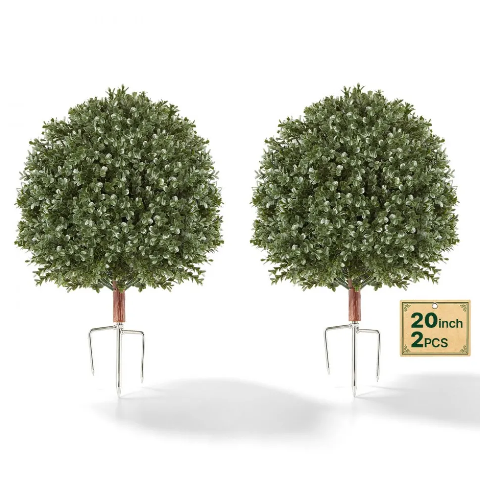 VEVOR Artificial Topiary Ball Boxwood Bush 20 in Set of 2 Green Fake Shrubs, PE Faux Trees with Metal Ground Spikes, Indoor & Outdoor Plant for Front Door, Entryway, Porch, Balcony, Patio, Garden