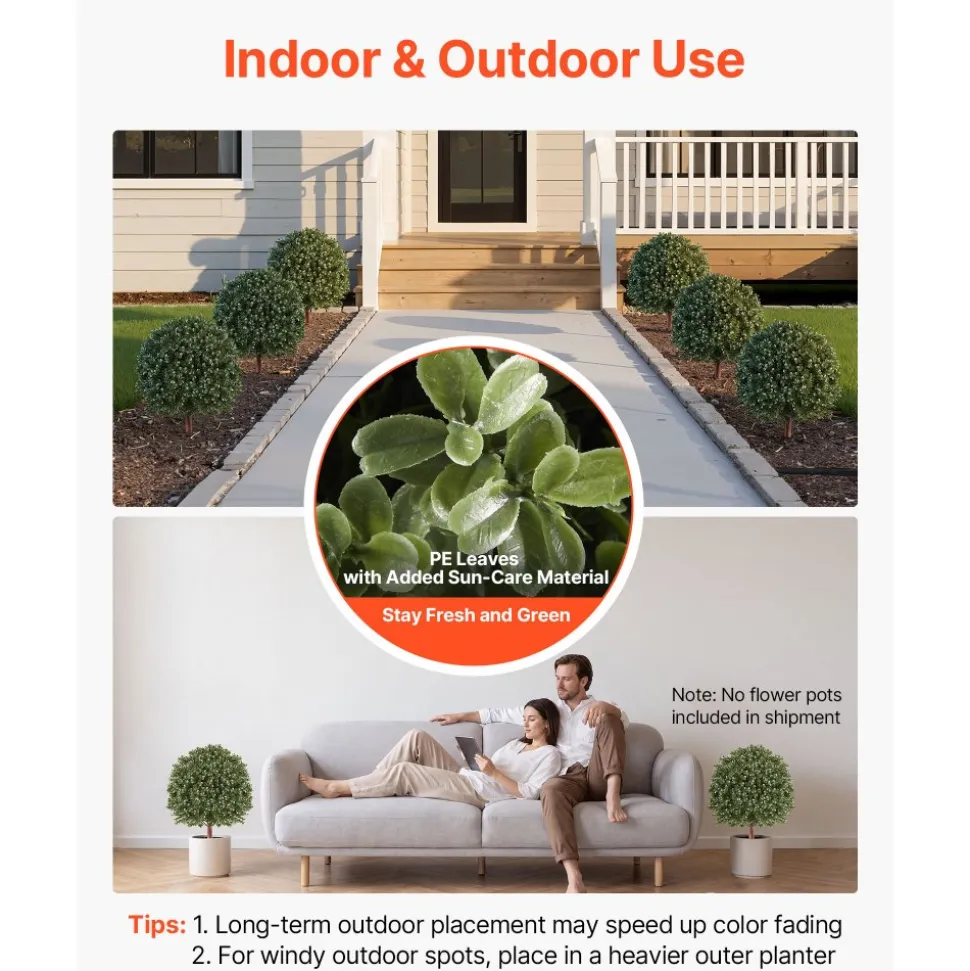 VEVOR Artificial Topiary Ball Boxwood Bush 20 in Set of 2 Green Fake Shrubs, PE Faux Trees with Metal Ground Spikes, Indoor & Outdoor Plant for Front Door, Entryway, Porch, Balcony, Patio, Garden