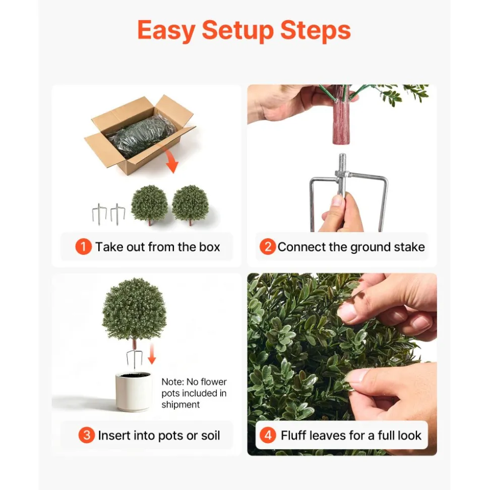 VEVOR Artificial Topiary Ball Boxwood Bush 20 in Set of 2 Green Fake Shrubs, PE Faux Trees with Metal Ground Spikes, Indoor & Outdoor Plant for Front Door, Entryway, Porch, Balcony, Patio, Garden