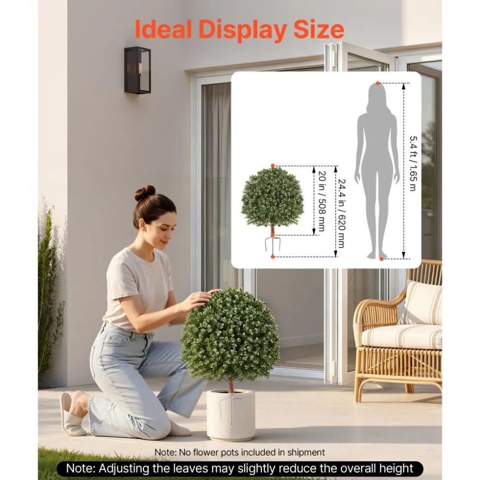 VEVOR Artificial Topiary Ball Boxwood Bush 20 in Set of 2 Green Fake Shrubs, PE Faux Trees with Metal Ground Spikes, Indoor & Outdoor Plant for Front Door, Entryway, Porch, Balcony, Patio, Garden