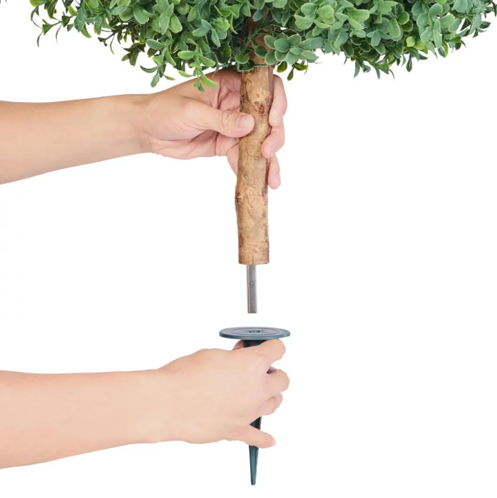 VEVOR Artificial Topiary Boxwood Trees with Ground Spike, 27 inch 2 Set Faux Shrubs & Bushes Potted Plants, Fake Silk Tree Look Real for Decor Front Porch Outdoor Indoor Patio Garden Balcony Backyard