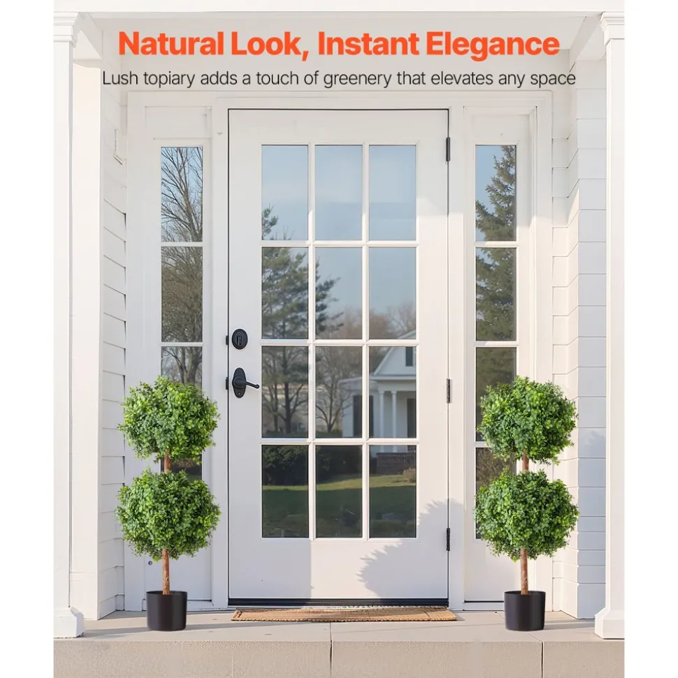 VEVOR Artificial Topiary Boxwood Double Ball, 2 Set 36 inch Faux Boxwood Plant Balls, Fake Silk Tree Look Real, Easy Assembly for Decor Front Porch Outdoor Patio Garden Balcony Backyard Indoor