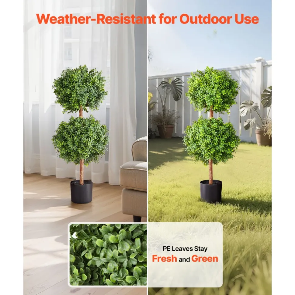 VEVOR Artificial Topiary Boxwood Double Ball, 2 Set 36 inch Faux Boxwood Plant Balls, Fake Silk Tree Look Real, Easy Assembly for Decor Front Porch Outdoor Patio Garden Balcony Backyard Indoor