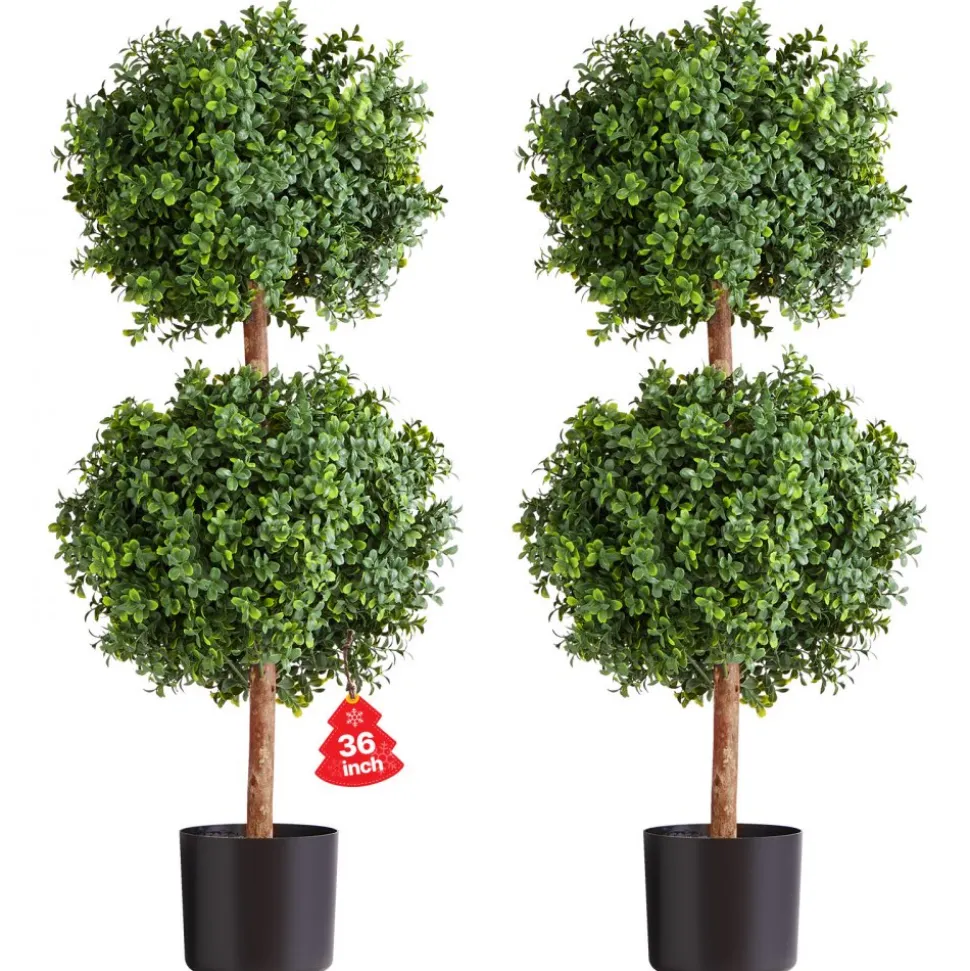 VEVOR Artificial Topiary Boxwood Double Ball, 2 Set 36 inch Faux Boxwood Plant Balls, Fake Silk Tree Look Real, Easy Assembly for Decor Front Porch Outdoor Patio Garden Balcony Backyard Indoor
