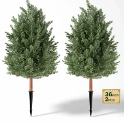 VEVOR Artificial Topiary Cedar Bush 3 Ft Set of 2 Greenery Fake Shrubs, PE Faux Trees with Ground Spikes, Indoor & Outdoor Green Plant for Front Door, Entryway, Porch, Balcony, Patio, Garden