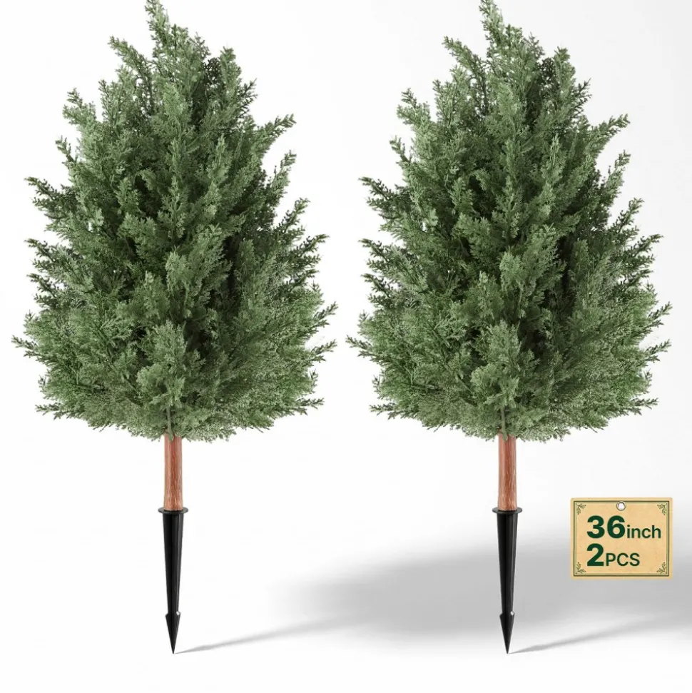 VEVOR Artificial Topiary Cedar Bush 3 Ft Set of 2 Greenery Fake Shrubs, PE Faux Trees with Ground Spikes, Indoor & Outdoor Green Plant for Front Door, Entryway, Porch, Balcony, Patio, Garden