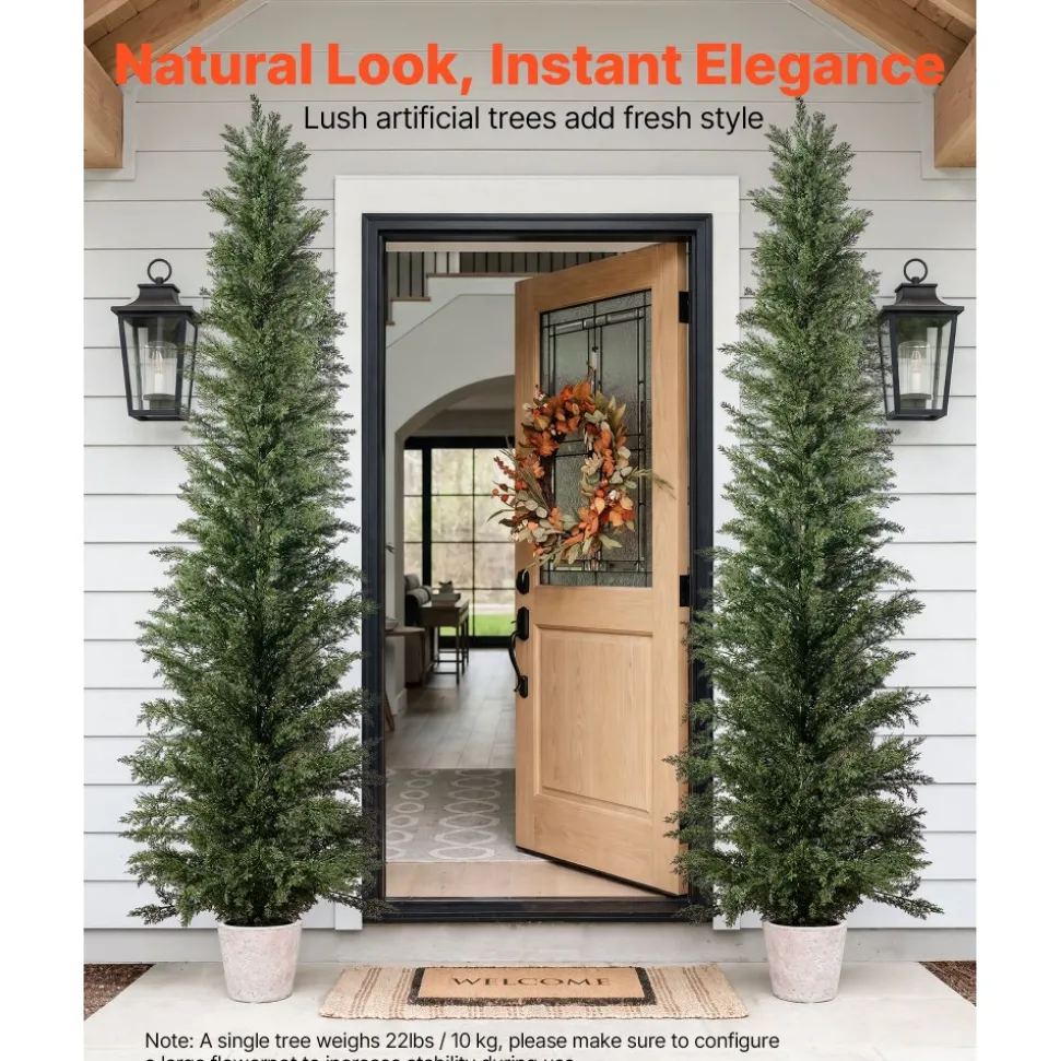 VEVOR Artificial Topiary Cedar Tree 8 Ft Set of 2 with Pot Greenery Decor, Premium PE Fake Trees, Year-Round Indoor & Outdoor Faux Green Plant for Front Door, Entryway, Porch, Balcony, Patio, Garden
