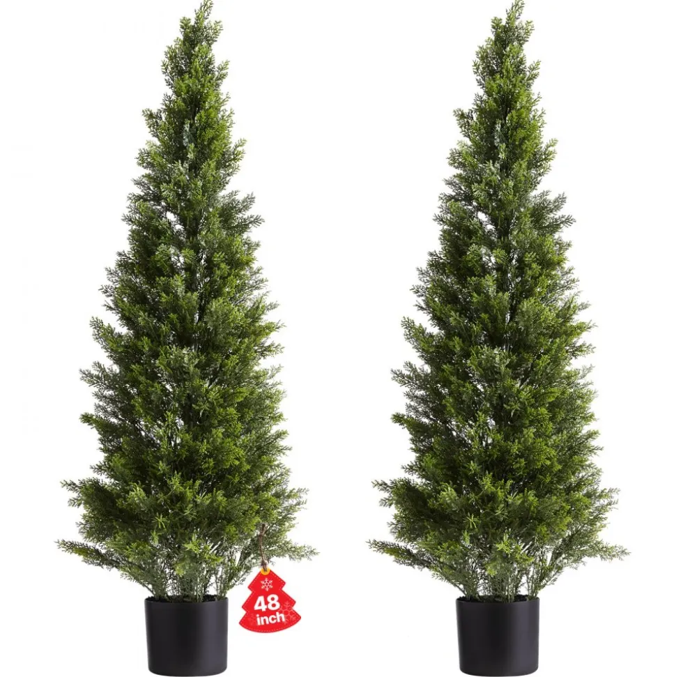 VEVOR Artificial Topiary Cedar Trees, 48 inch 2 Set Faux Pine Shrubs Plants, Fake Silk Tree Look Real, Easy Assembly for Decor Front Porch Outdoor Patio Garden Balcony Backyard Indoor Office