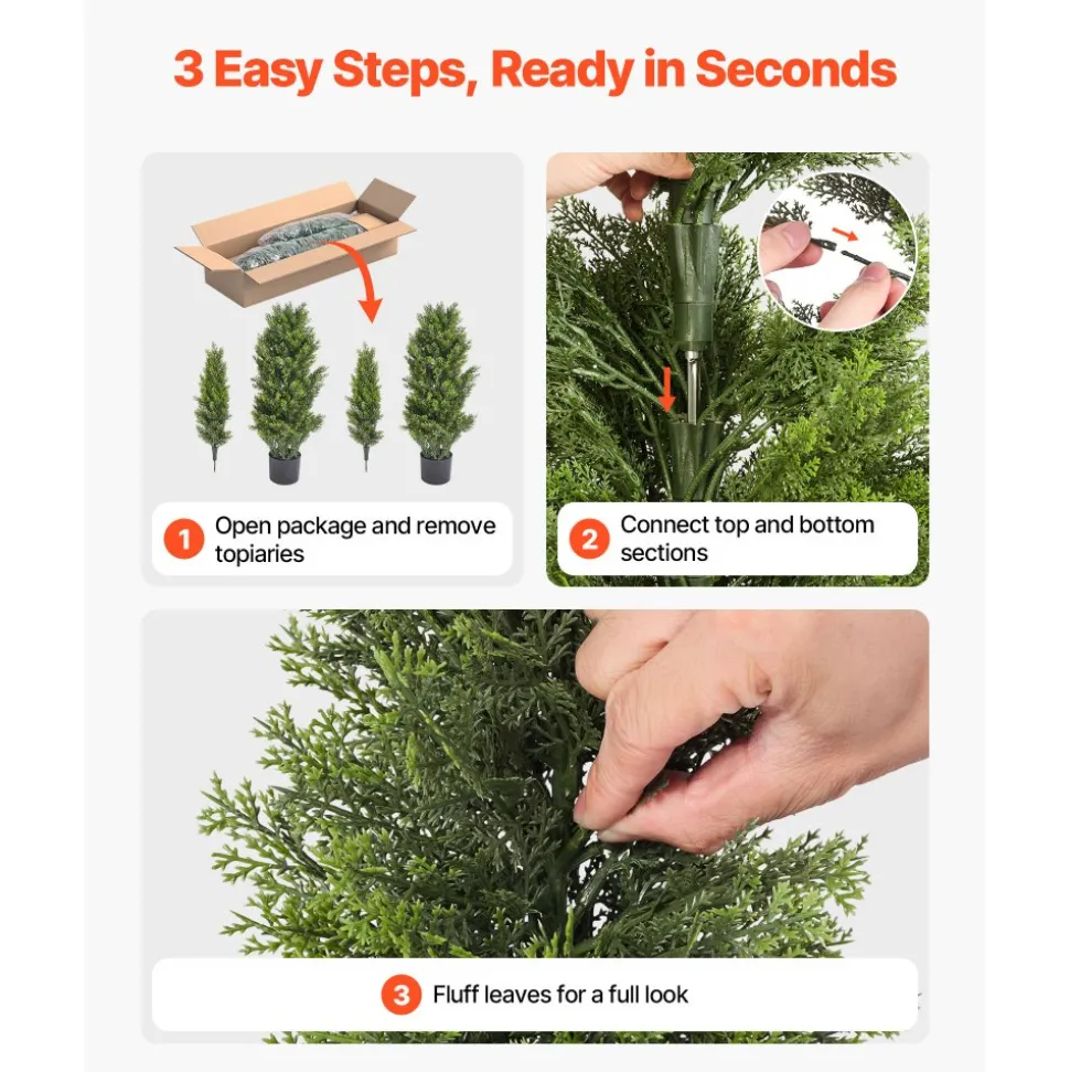 VEVOR Artificial Topiary Cedar Trees, 48 inch 2 Set Faux Pine Shrubs Plants, Fake Silk Tree Look Real, Easy Assembly for Decor Front Porch Outdoor Patio Garden Balcony Backyard Indoor Office
