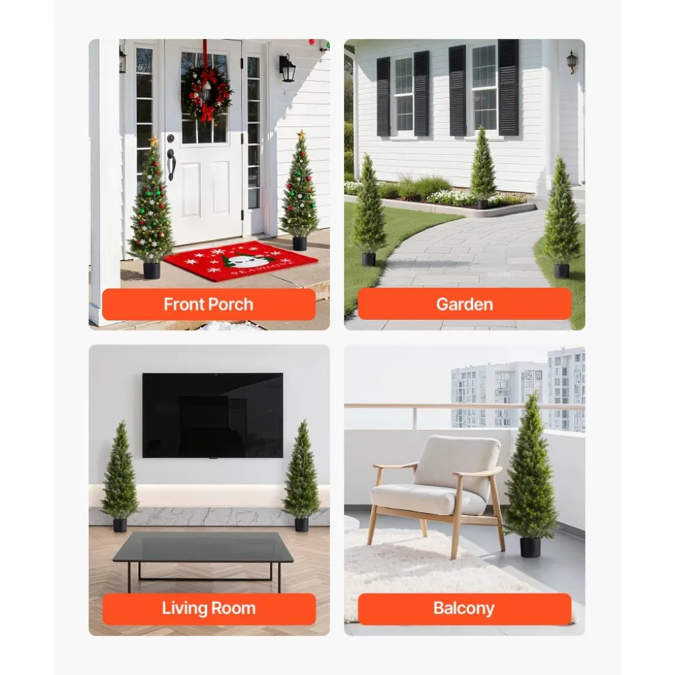 VEVOR Artificial Topiary Cedar Trees, 48 inch 2 Set Faux Pine Shrubs Plants, Fake Silk Tree Look Real, Easy Assembly for Decor Front Porch Outdoor Patio Garden Balcony Backyard Indoor Office