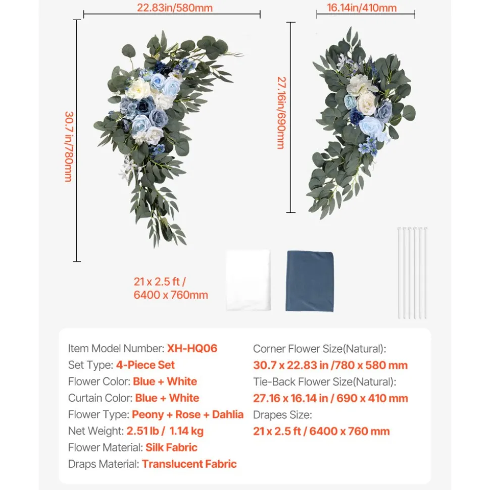 VEVOR Artificial Wedding Arch Flowers Kit, Blue Wedding Arch Flowers with Drapes Kit (Pack of 4) - 2 Pcs Floral Arrangement, 2 Pcs Sheer Drapes, for Ceremony Bouquets Reception Backdrop Decoration