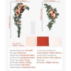 VEVOR Artificial Wedding Arch Flowers Kit, Pink Wedding Arch Flowers with Drapes Kit (Pack of 5) - 2 Pcs Floral Arrangement, 3 Pcs Sheer Drapes, for Ceremony Bouquets Reception Backdrop Decoration