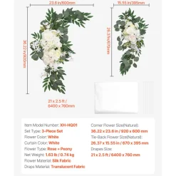 VEVOR Artificial Wedding Arch Flowers Kit, White Wedding Arch Flowers with Drapes Kit (Pack of 3) - 2 Pcs Floral Arrangement, 1 Pcs Sheer Drapes, for Ceremony Bouquets Reception Backdrop Decoration