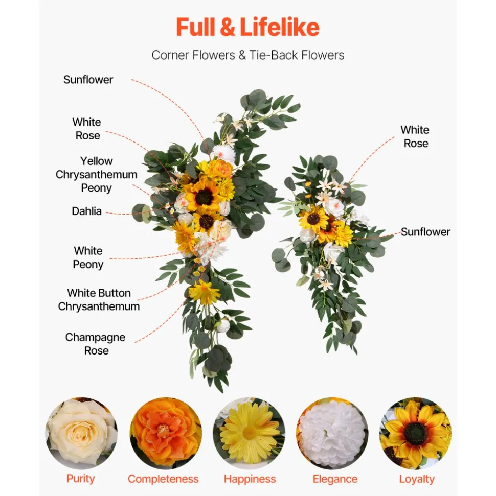 VEVOR Artificial Wedding Arch Flowers Kit, Yellow Wedding Arch Flowers with Drapes Kit (Pack of 3) - 2 Pcs Floral Arrangement, 1 Pcs Sheer Drapes, for Ceremony Bouquets Reception Backdrop Decoration