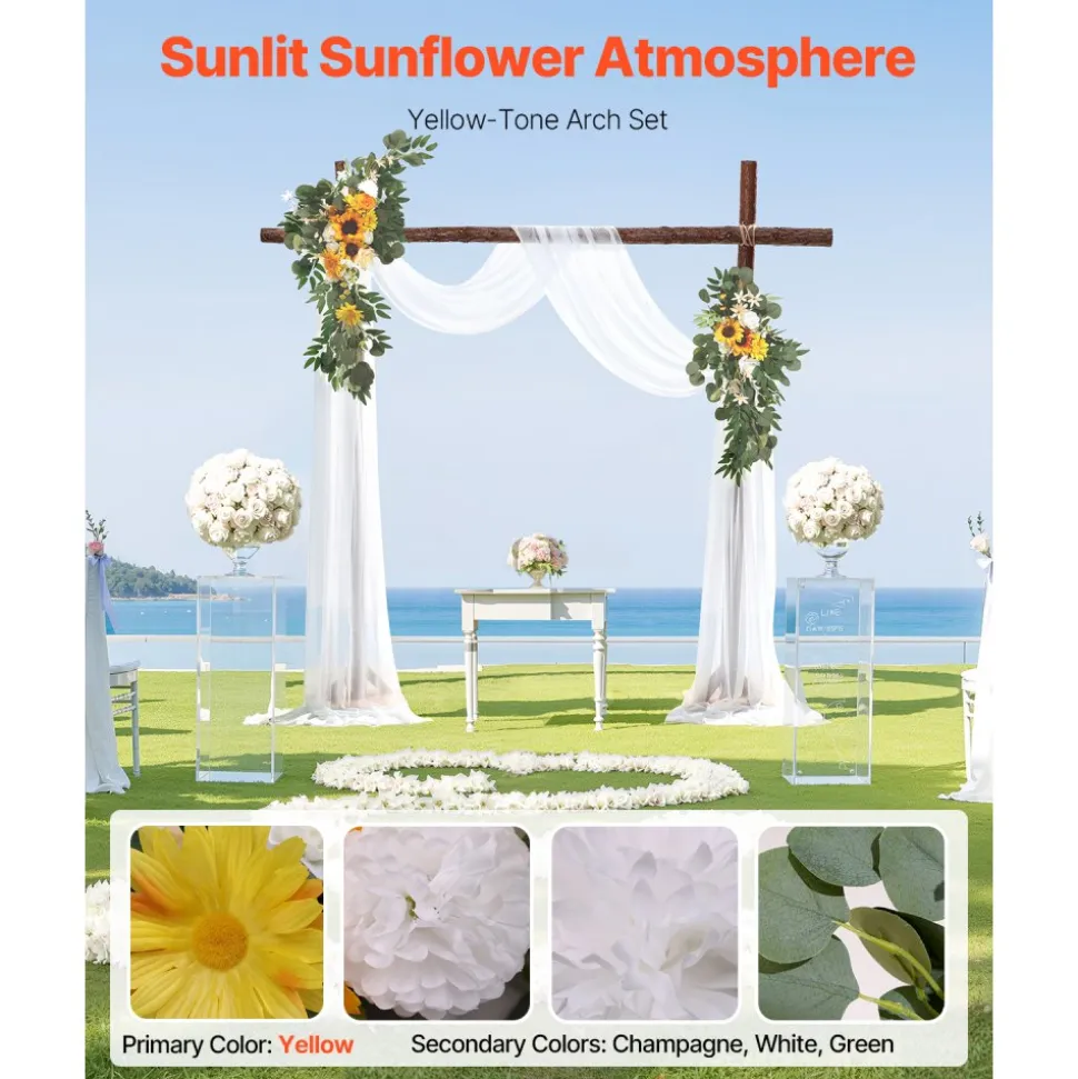 VEVOR Artificial Wedding Arch Flowers Kit, Yellow Wedding Arch Flowers with Drapes Kit (Pack of 3) - 2 Pcs Floral Arrangement, 1 Pcs Sheer Drapes, for Ceremony Bouquets Reception Backdrop Decoration