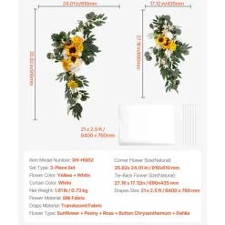 VEVOR Artificial Wedding Arch Flowers Kit, Yellow Wedding Arch Flowers with Drapes Kit (Pack of 3) - 2 Pcs Floral Arrangement, 1 Pcs Sheer Drapes, for Ceremony Bouquets Reception Backdrop Decoration