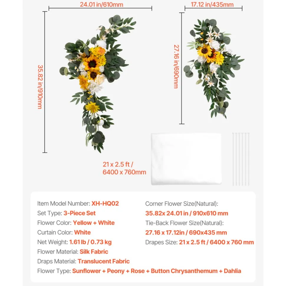 VEVOR Artificial Wedding Arch Flowers Kit, Yellow Wedding Arch Flowers with Drapes Kit (Pack of 3) - 2 Pcs Floral Arrangement, 1 Pcs Sheer Drapes, for Ceremony Bouquets Reception Backdrop Decoration