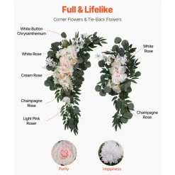 VEVOR Artificial Wedding Arch Flowers Kit, White Wedding Arch Flowers with Drapes Kit (Pack of 4) - 2 Pcs Floral Arrangement, 2 Pcs Sheer Drapes, for Ceremony Bouquets Reception Backdrop Decoration