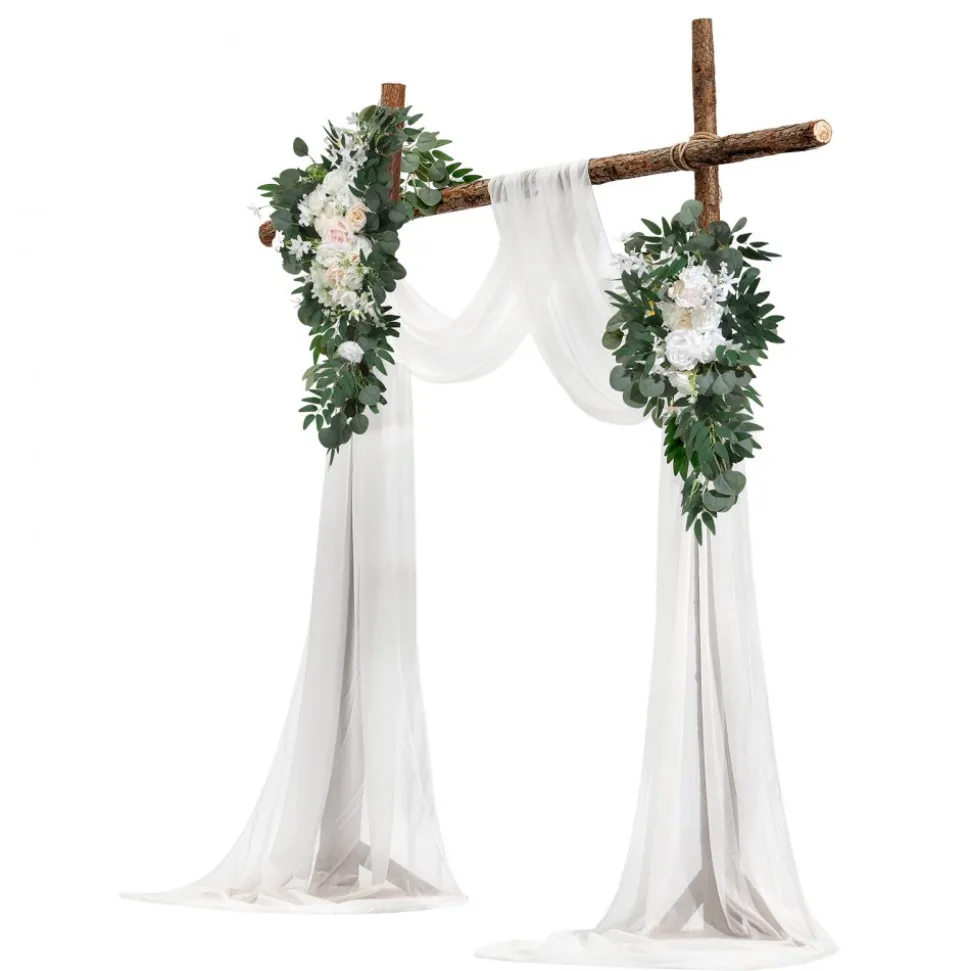 VEVOR Artificial Wedding Arch Flowers Kit, White Wedding Arch Flowers with Drapes Kit (Pack of 4) - 2 Pcs Floral Arrangement, 2 Pcs Sheer Drapes, for Ceremony Bouquets Reception Backdrop Decoration
