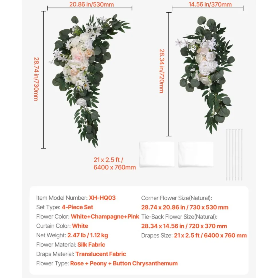 VEVOR Artificial Wedding Arch Flowers Kit, White Wedding Arch Flowers with Drapes Kit (Pack of 4) - 2 Pcs Floral Arrangement, 2 Pcs Sheer Drapes, for Ceremony Bouquets Reception Backdrop Decoration