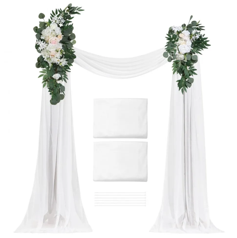 VEVOR Artificial Wedding Arch Flowers Kit, White Wedding Arch Flowers with Drapes Kit (Pack of 4) - 2 Pcs Floral Arrangement, 2 Pcs Sheer Drapes, for Ceremony Bouquets Reception Backdrop Decoration