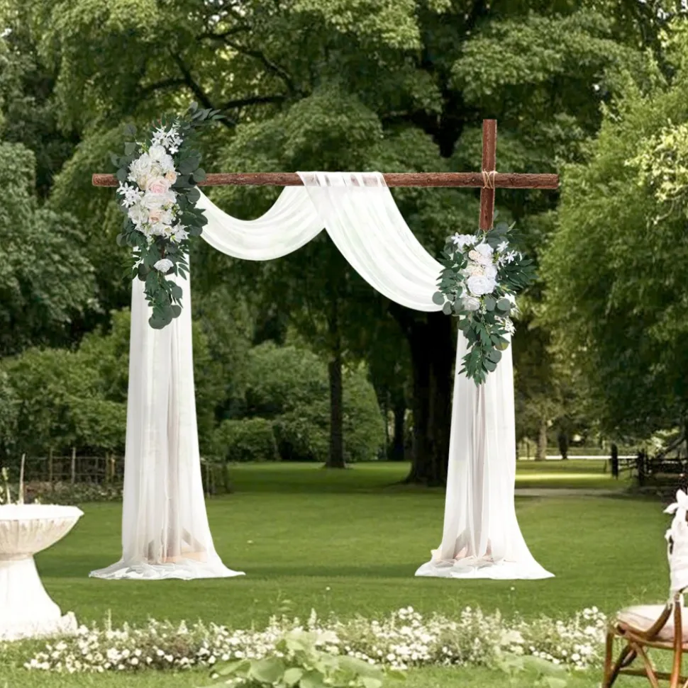 VEVOR Artificial Wedding Arch Flowers Kit, White Wedding Arch Flowers with Drapes Kit (Pack of 4) - 2 Pcs Floral Arrangement, 2 Pcs Sheer Drapes, for Ceremony Bouquets Reception Backdrop Decoration