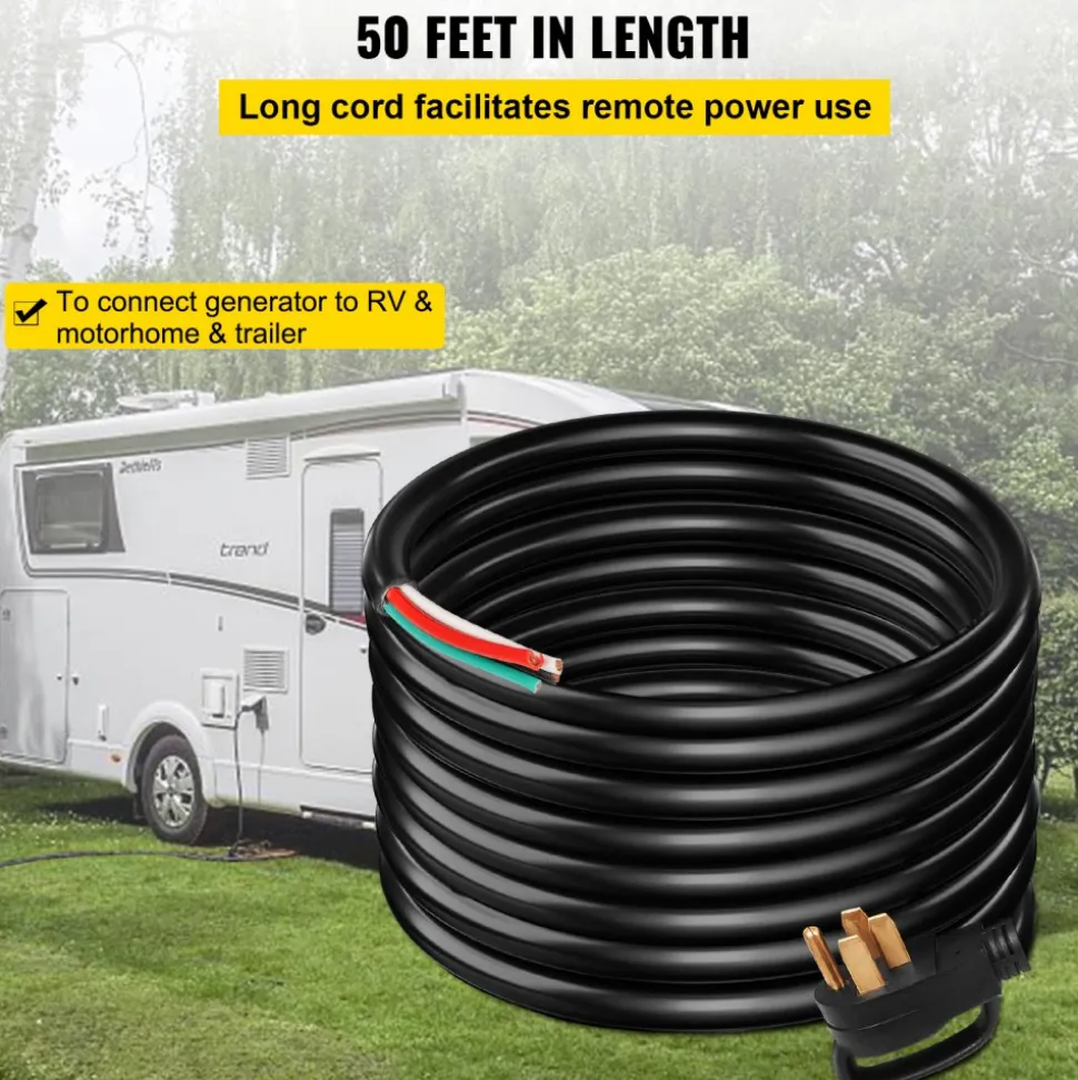 VEVOR 50' 50A RV Camp Power Cord Generator Cord 6/3 + 8/1 AWG NEMA 14-50P to Bare Wire