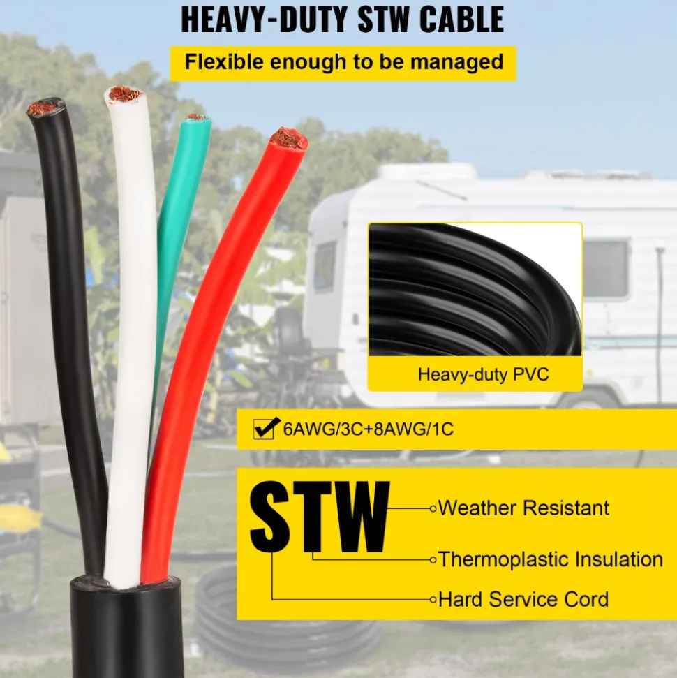 VEVOR 25' 50A RV Camp Power Cord Generator Cord 6/3 + 8/1 AWG NEMA 14-50P to Bare Wire