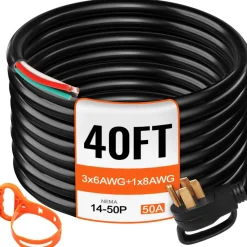VEVOR 40' 50A RV Camp Power Cord Generator Cord 6/3 + 8/1 AWG NEMA 14-50P to Bare Wire