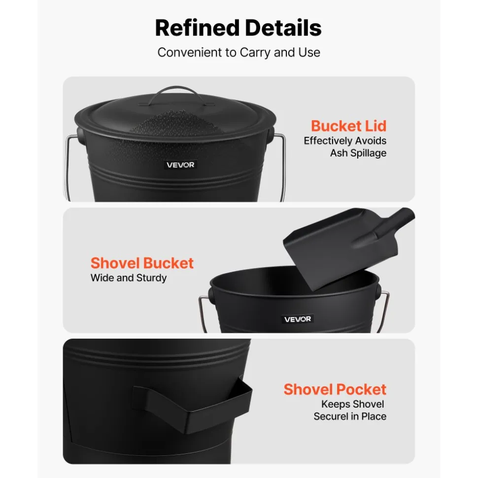 VEVOR Ash Bucket, 4 PCS with Lid, Shovel, Broom and Gloves, Metal Fireplace Charcoal Bucket and Ash Can, 2.6 GAL Large Capacity for Fireplace, Fire Pits, Wood Burning Stoves, Indoor and Outdoor