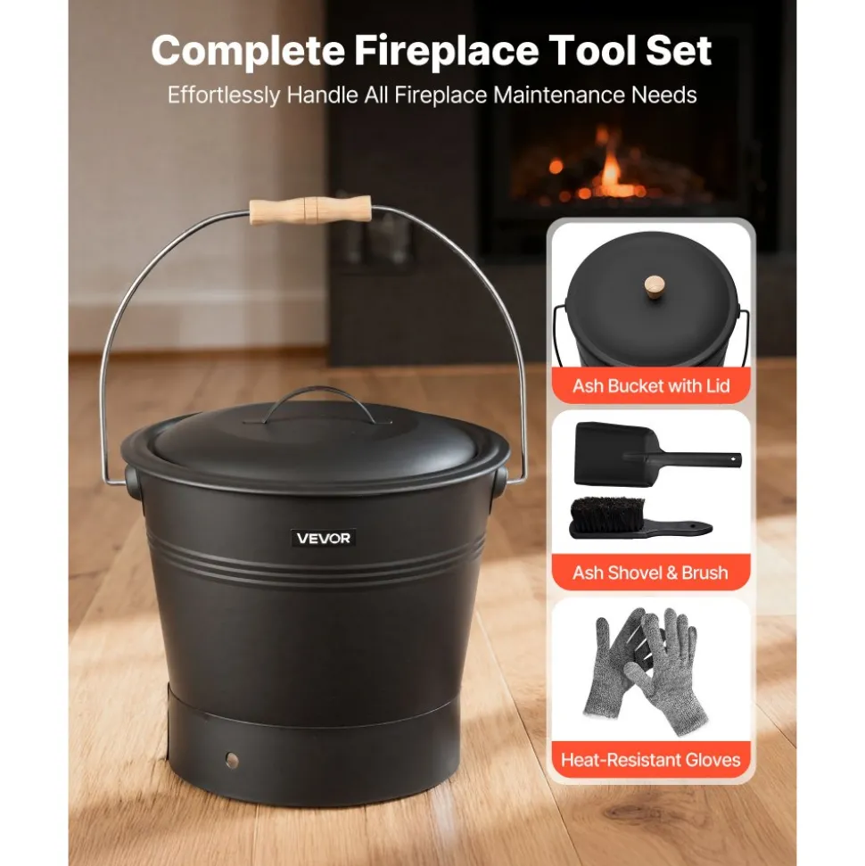 VEVOR Ash Bucket, 4 PCS with Lid, Shovel, Broom and Gloves, Metal Fireplace Charcoal Bucket and Ash Can, 2.6 GAL Large Capacity for Fireplace, Fire Pits, Wood Burning Stoves, Indoor and Outdoor