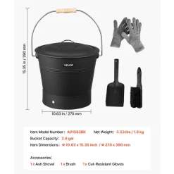 VEVOR Ash Bucket, 4 PCS with Lid, Shovel, Broom and Gloves, Metal Fireplace Charcoal Bucket and Ash Can, 2.6 GAL Large Capacity for Fireplace, Fire Pits, Wood Burning Stoves, Indoor and Outdoor