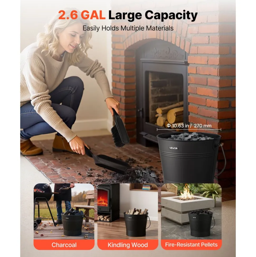 VEVOR Ash Bucket, 4 PCS with Lid, Shovel, Broom and Gloves, Metal Fireplace Charcoal Bucket and Ash Can, 2.6 GAL Large Capacity for Fireplace, Fire Pits, Wood Burning Stoves, Indoor and Outdoor