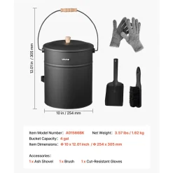 VEVOR Ash Bucket, 4 PCS with Lid, Shovel, Broom and Gloves, Metal Fireplace Charcoal Bucket and Ash Can, 4 GAL Large Capacity for Fireplace, Fire Pits, Wood Burning Stoves, Indoor and Outdoor