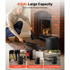 VEVOR Ash Bucket, 4 PCS with Lid, Shovel, Broom and Gloves, Metal Fireplace Charcoal Bucket and Ash Can, 4 GAL Large Capacity for Fireplace, Fire Pits, Wood Burning Stoves, Indoor and Outdoor