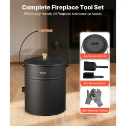VEVOR Ash Bucket, 4 PCS with Lid, Shovel, Broom and Gloves, Metal Fireplace Charcoal Bucket and Ash Can, 4 GAL Large Capacity for Fireplace, Fire Pits, Wood Burning Stoves, Indoor and Outdoor