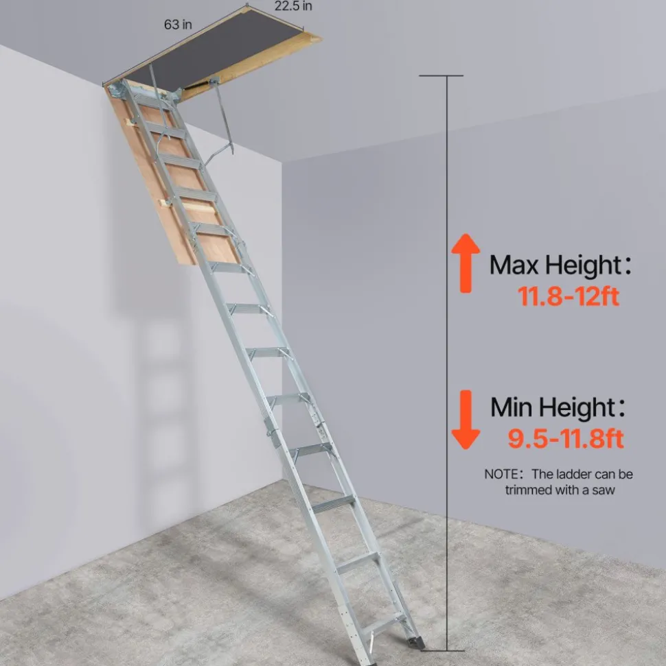 VEVOR Attic Ladder Foldable, 350-pound Capacity, 22.5" x 63", Multi-Purpose Aluminium Extension, Lightweight and Portable, Fits 9.5'-12' Ceiling Heights, Convenient Access to Your Attic Standard