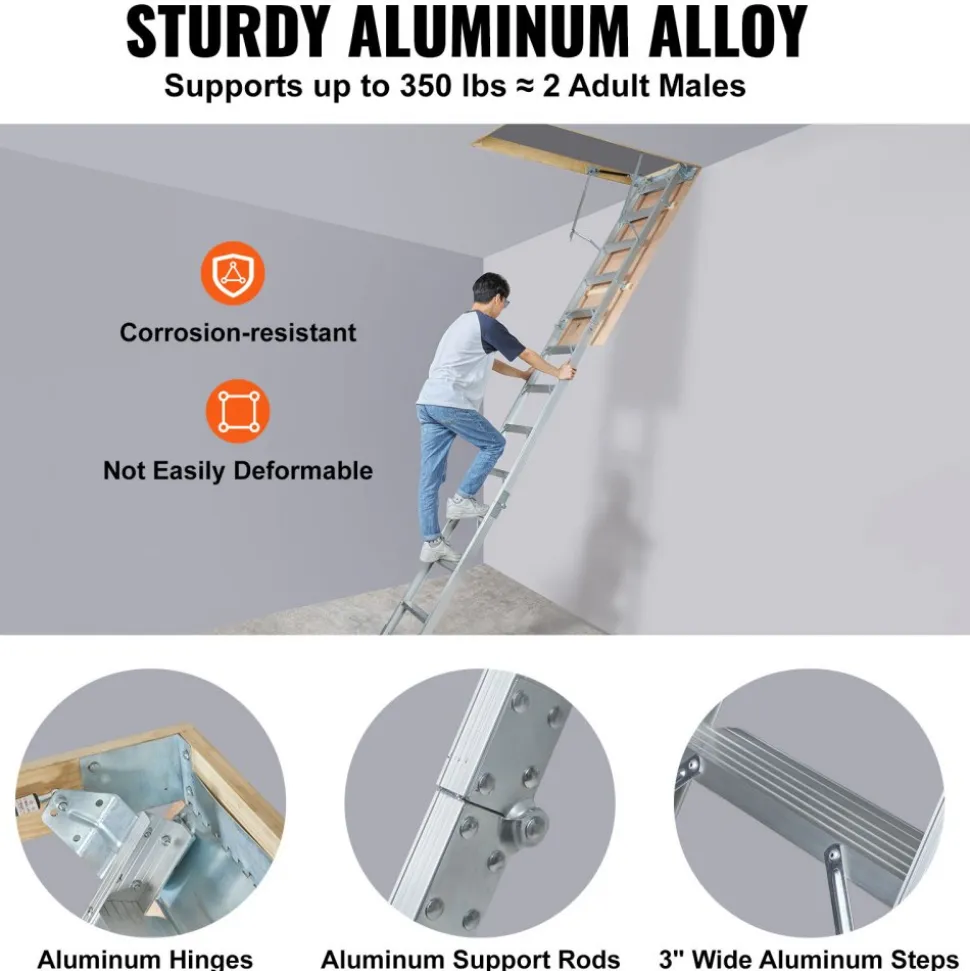 VEVOR Attic Ladder Foldable, 350-pound Capacity, 22.5" x 63", Multi-Purpose Aluminium Extension, Lightweight and Portable, Fits 9.5'-12' Ceiling Heights, Convenient Access to Your Attic Standard