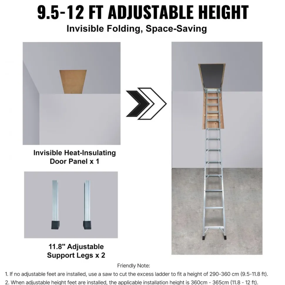 VEVOR Attic Ladder Foldable, 350-pound Capacity, 22.5" x 63", Multi-Purpose Aluminium Extension, Lightweight and Portable, Fits 9.5'-12' Ceiling Heights, Convenient Access to Your Attic Standard